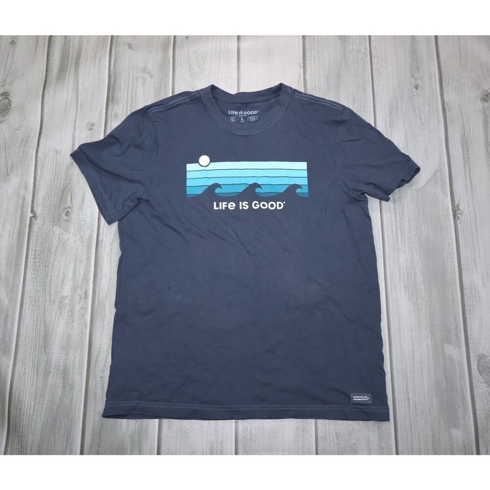 Life is Good Men's Retro Wave Stripe Crusher-FLEX Crew Blue T Shirt Sz Large